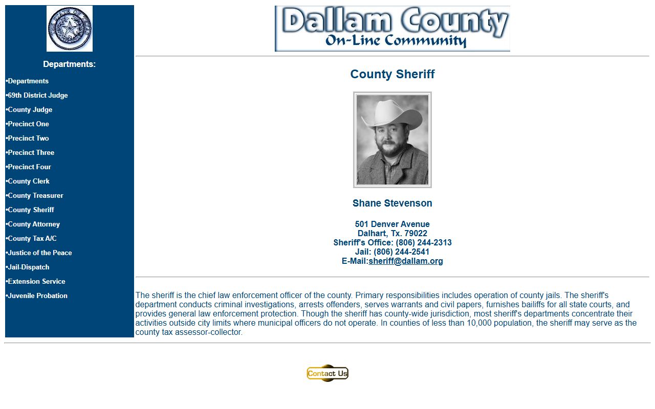 Dallam County sheriff page with jail phone number