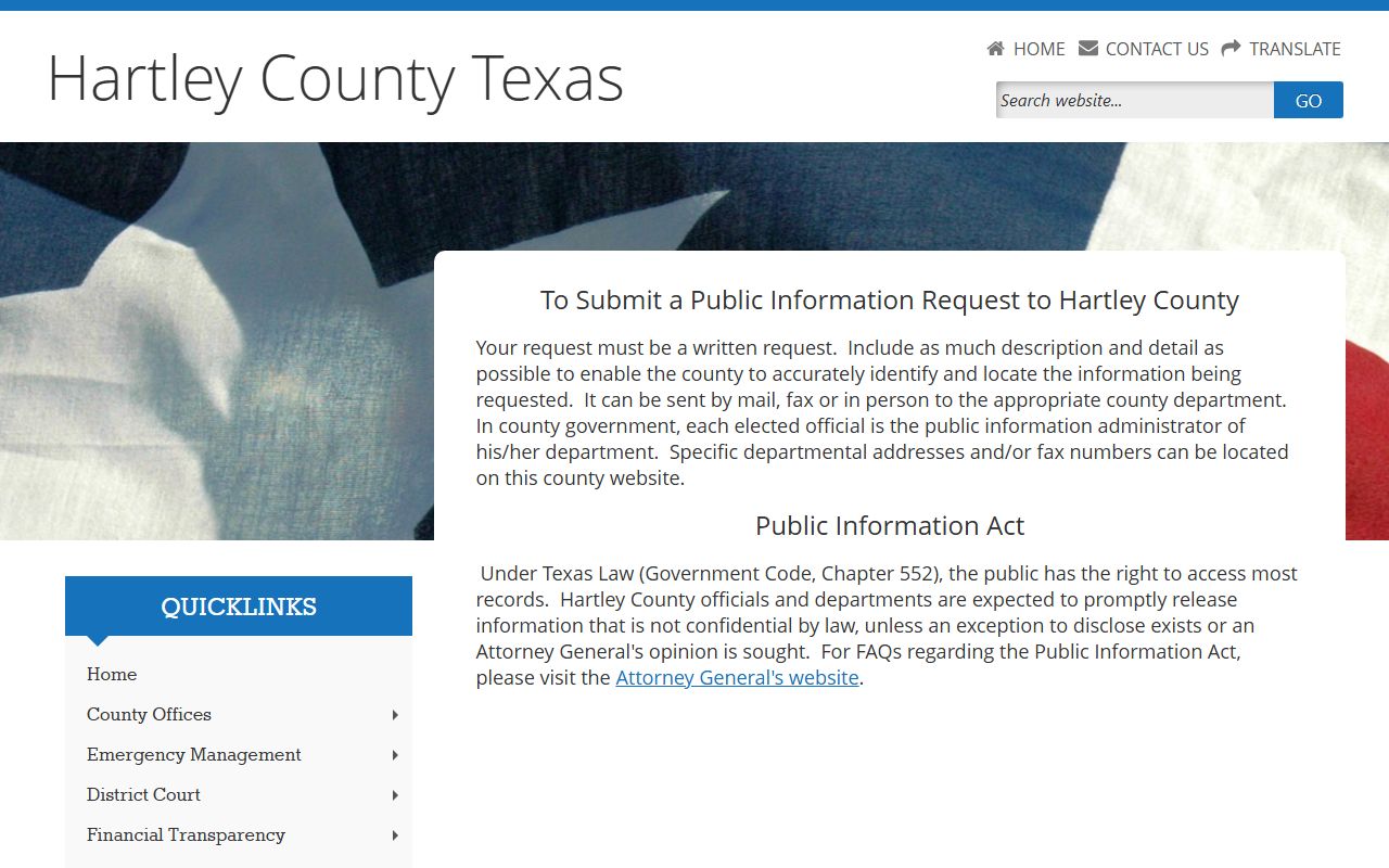 Hartley County inmate records public information request page