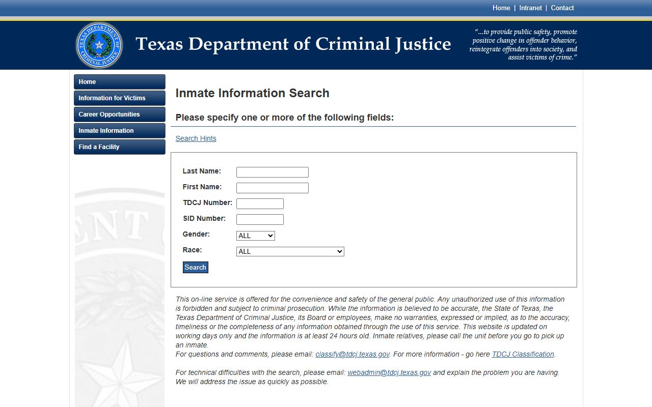 TDCJ inmate search page for prison lookup