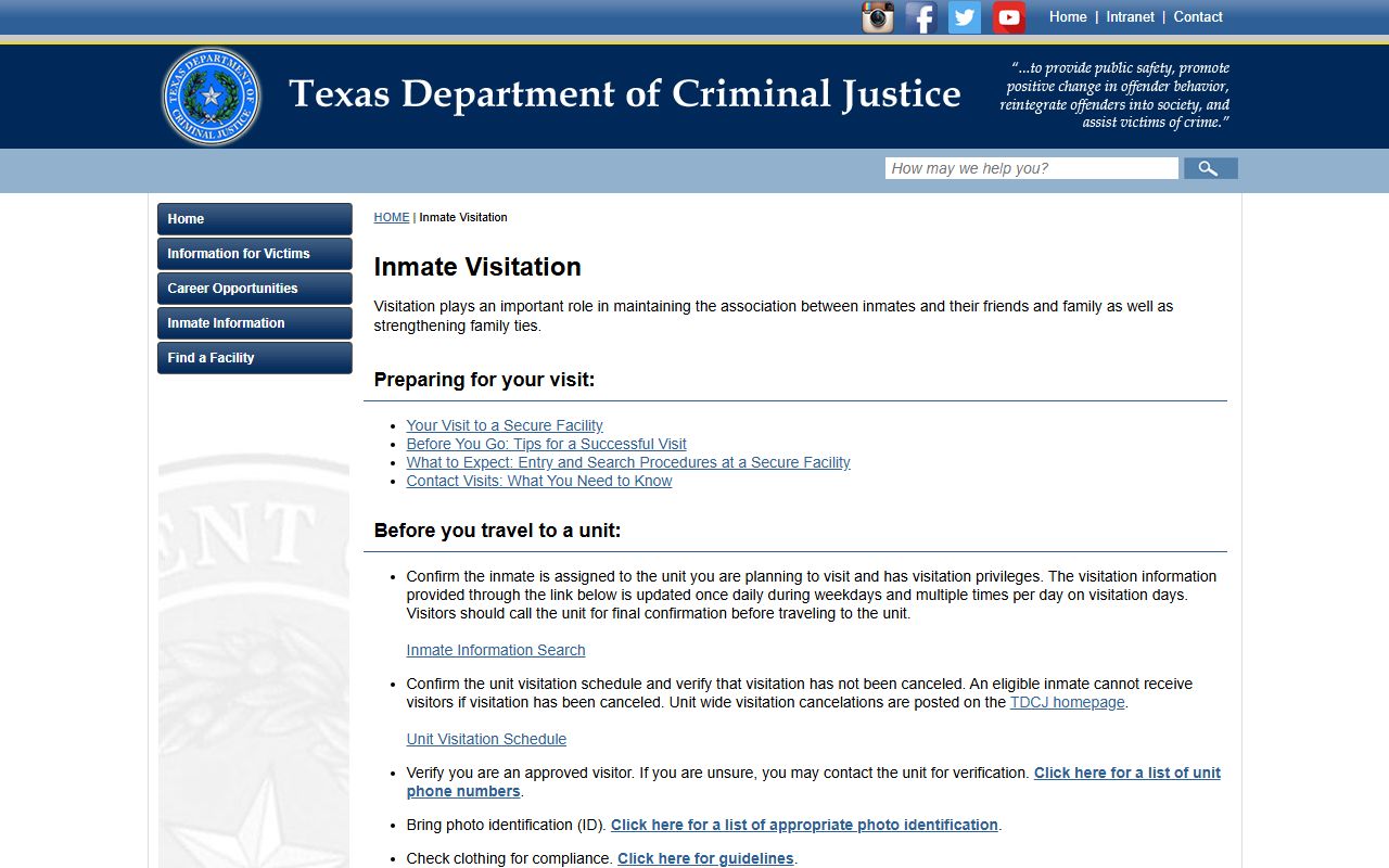 TDCJ visitation rules and hotline page